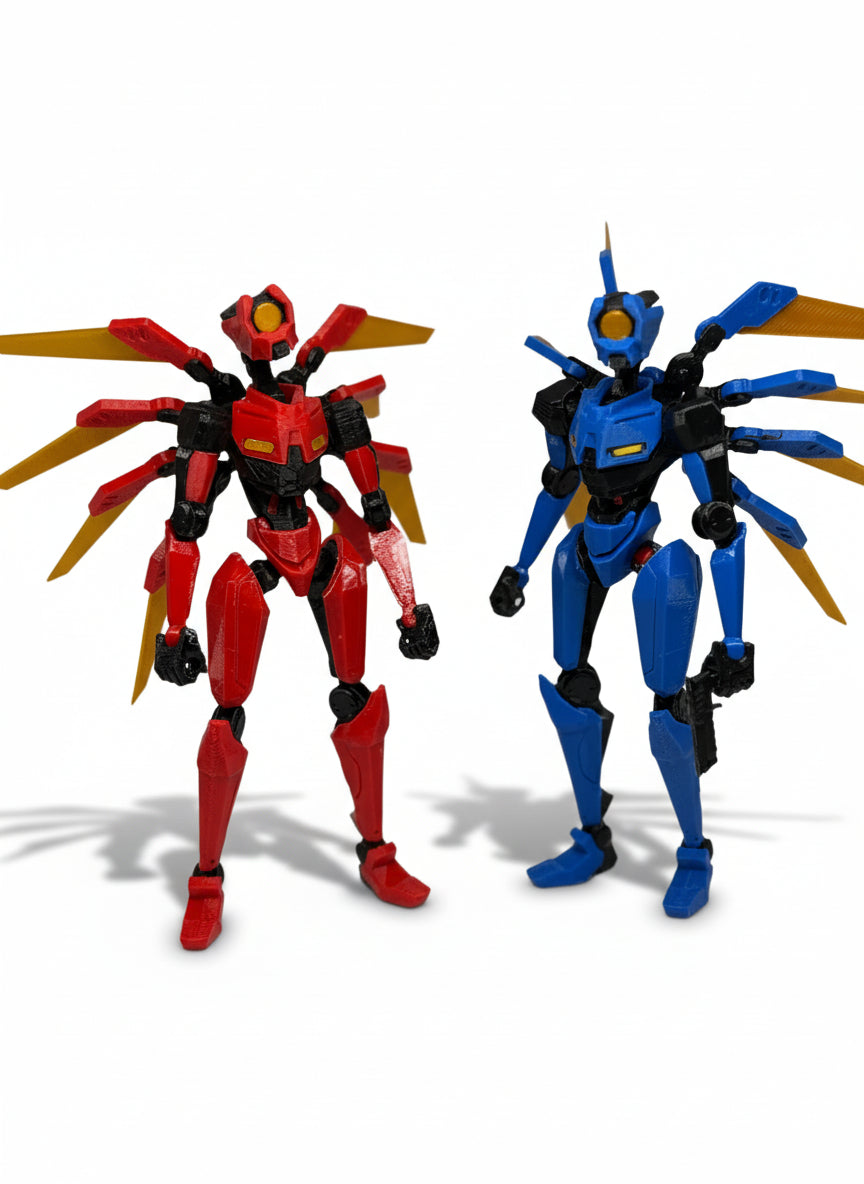 Two robot action figures, one red and one blue, on a white background