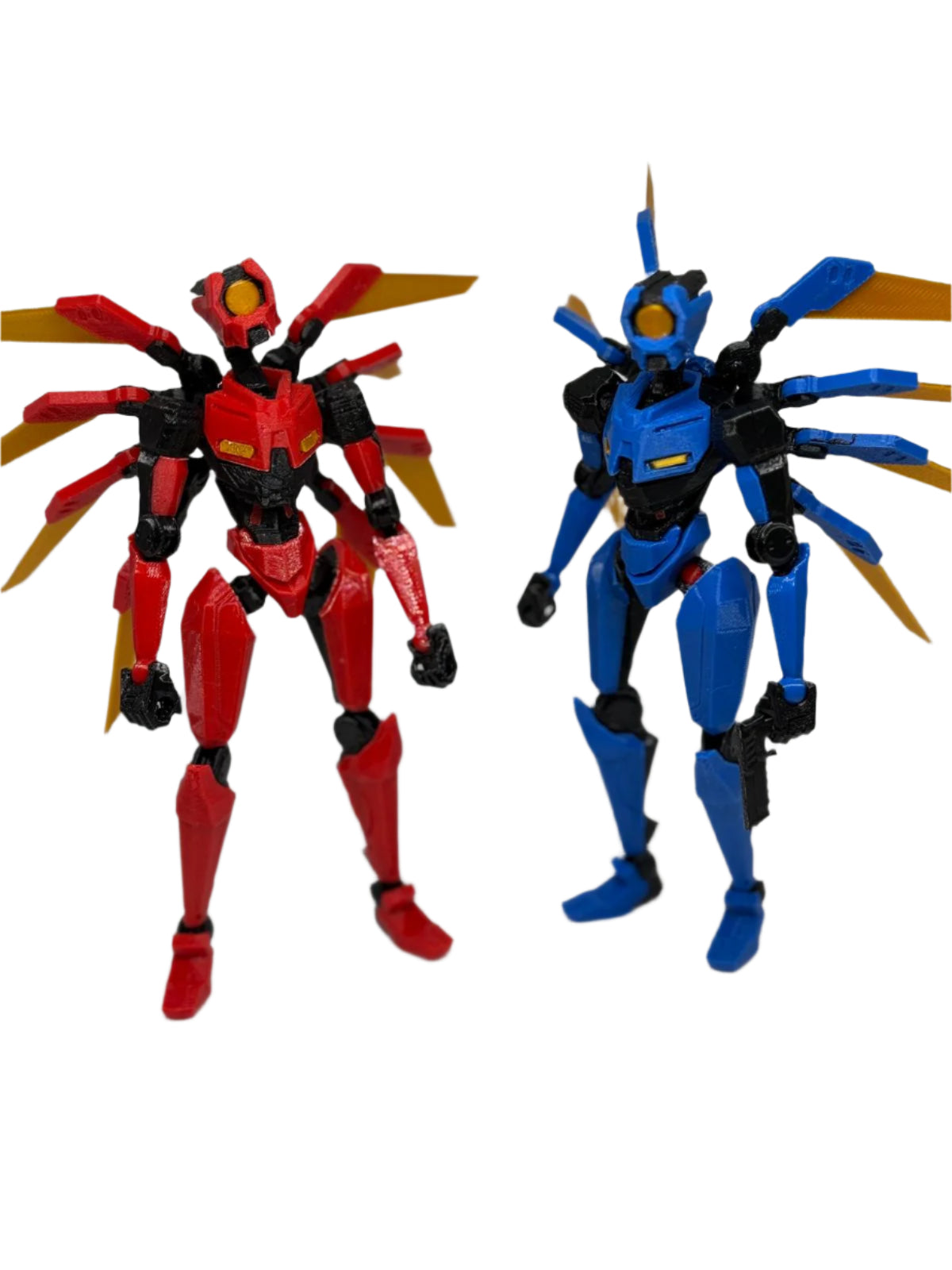 Two robot toy figures, one red and one blue, on a white background