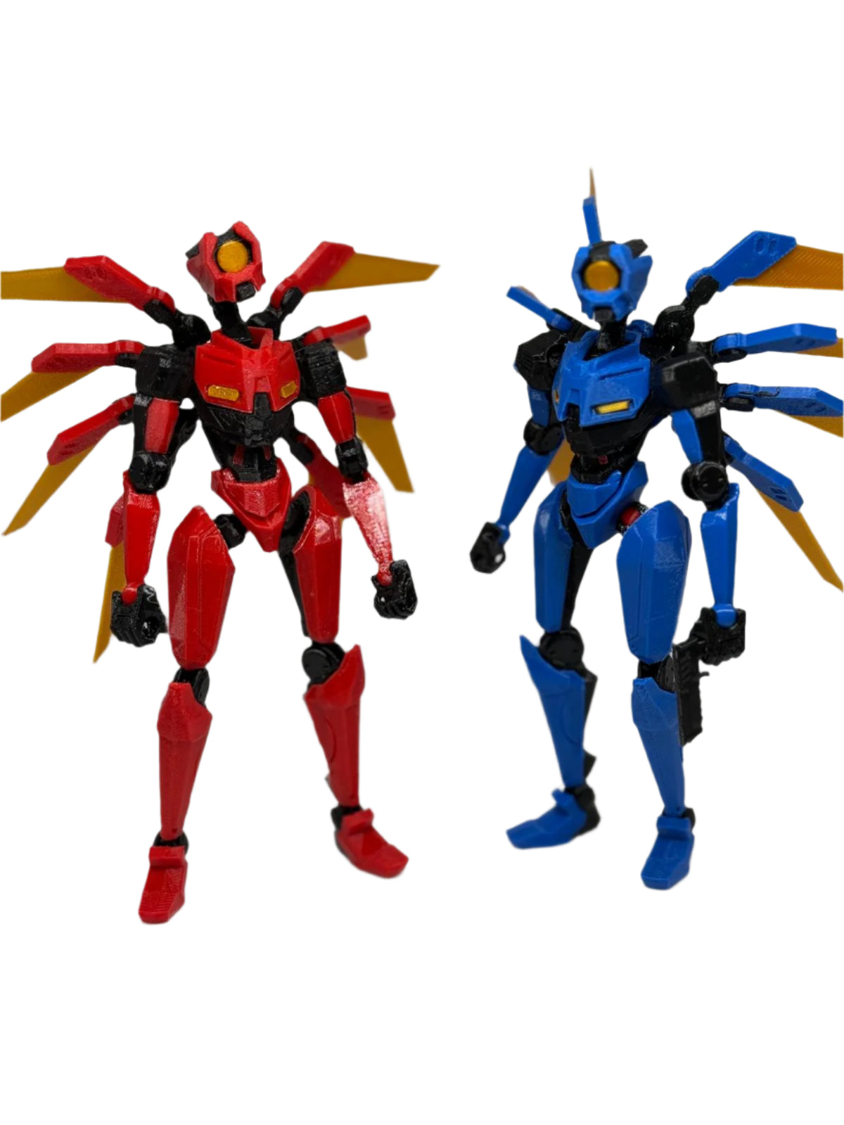 Two robot action figures, one red and one blue, on a white background