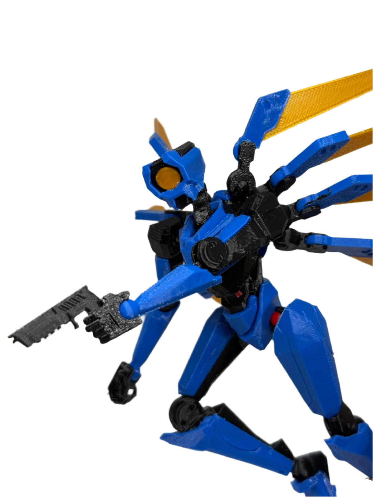 Blue and black robot toy with yellow accents on a white background
