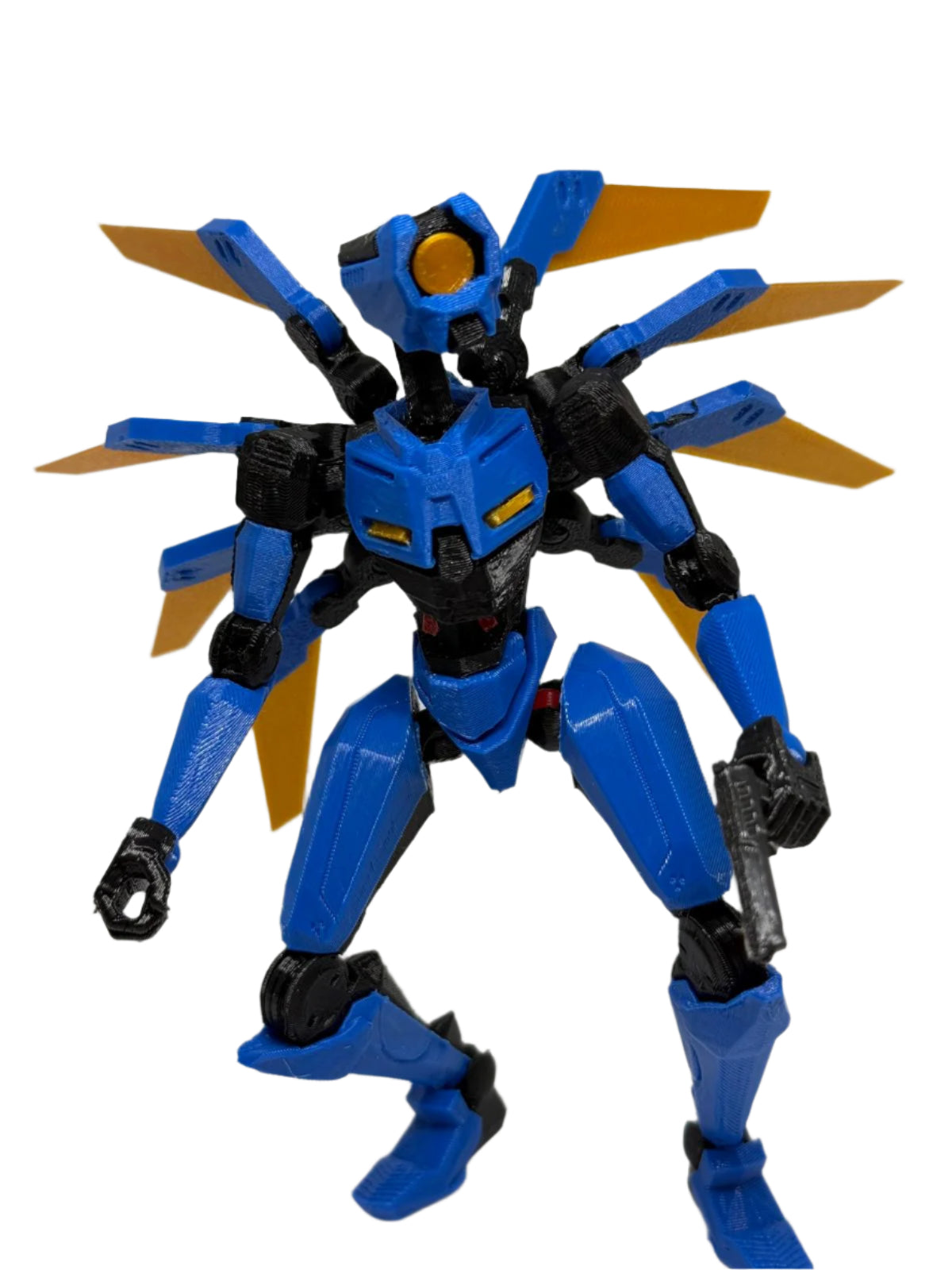 Blue robot toy with orange wings on a white background